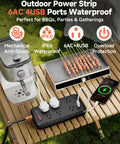 Outdoor Waterproof Power Strip IPX6 With Six Outlets And Four USB Ports 6 Ft Extension Cord in use at BBQ setup on wooden table