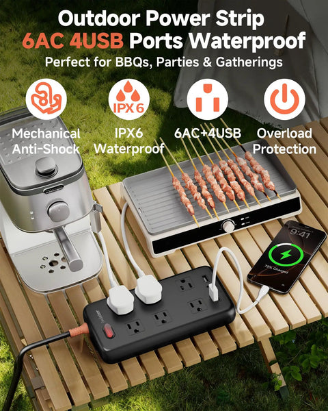 Outdoor Waterproof Power Strip IPX6 With Six Outlets And Four USB Ports 6 Ft Extension Cord in use at BBQ setup on wooden table