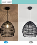 Bamboo Pendant Light Fixture Black Finish, Boho Rattan Woven Hanging Lamp lit and unlit, showing light effect and weave design.