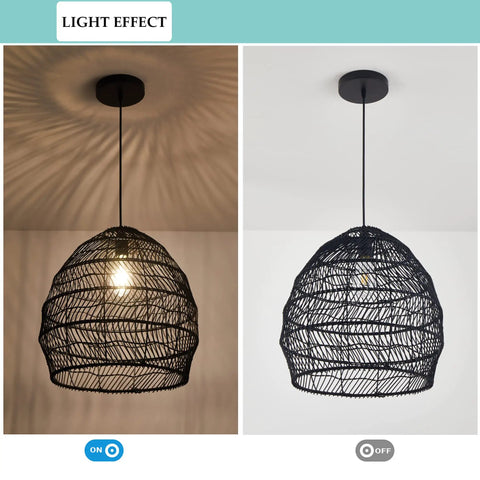 Bamboo Pendant Light Fixture Black Finish, Boho Rattan Woven Hanging Lamp lit and unlit, showing light effect and weave design.