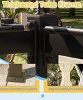 Close-up of Khaki 10x10 Outdoor Gazebo thickened tube frame, reinforced corners, and connection details with netting and curtains visible.
