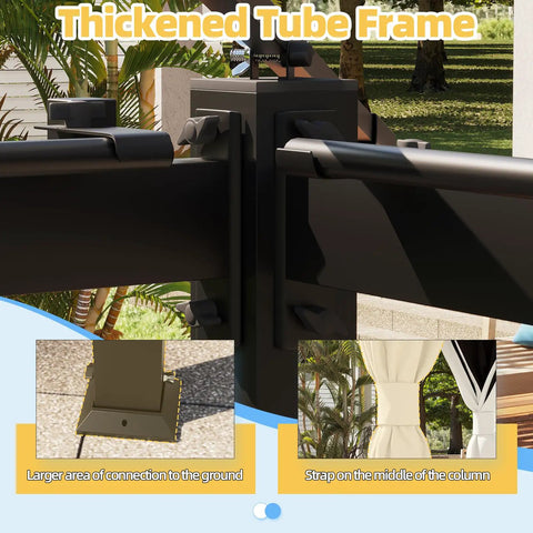 Close-up of Khaki 10x10 Outdoor Gazebo thickened tube frame, reinforced corners, and connection details with netting and curtains visible.