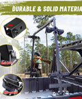 UTV Hunting Tool Holder Rack for Cargo Bed Universal Adjustable SXS Gear Mount in a wooded area, showing heavy-duty metal frame