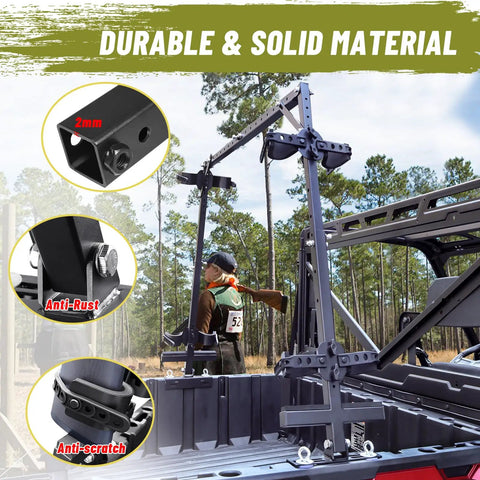 UTV Hunting Tool Holder Rack for Cargo Bed Universal Adjustable SXS Gear Mount in a wooded area, showing heavy-duty metal frame