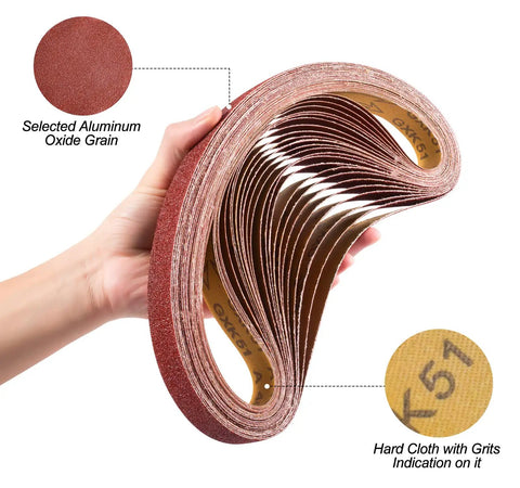 Hand holding 1x30 Inch Sanding Belts Set For Belt Sander 24 Pack Aluminum Oxide Belts With Open Coat Resin Bond 60 80 120 150 240 400 Grits