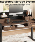 Built Tough 55 Inch Electric Adjustable Standing Desk Featuring Five Roomy Storage Drawers And Raised Monitor Platform Smooth Glide Motor Custom Memory Buttons Boss Home Office Setup with integrated storage system.