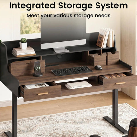 Built Tough 55 Inch Electric Adjustable Standing Desk Featuring Five Roomy Storage Drawers And Raised Monitor Platform Smooth Glide Motor Custom Memory Buttons Boss Home Office Setup with integrated storage system.
