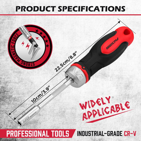 Quarter Inch Magnetic Ratcheting Screwdriver With Durable Bit Holder And No Slip Cushion Grip 220mm Long Multi Tip Set