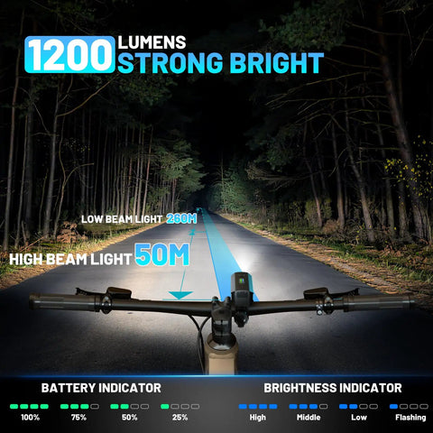 USB C Rechargeable Bike Light Set illuminating road with 1200 lumens front headlight and indicators for cycling safety