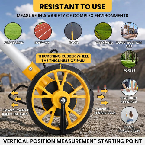 Heavy Duty Digital Measuring Wheel With Backlit Display And Folding Rollers For Surveying And Construction Straight Up Accurate To Point Zero Three Precision In Feet And Meters Built Tough For No Sweat Work