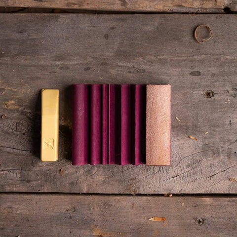 Wood Carving Tools SlipStrop Kit For Razor Sharp Edges And Ultra Smoothing Deburring And Polishing Compound Included Works On Gouges V Tools U Gouges PW12 Made In USA showing leather strop and gold compound
