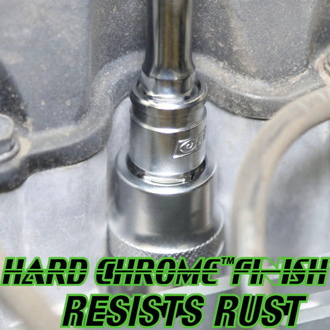 1-3/4 Inch 3/8 Inch Drive Socket Extension Bar For Tight Spaces, Chrome Steel Finish, durable, shown in use on engine part