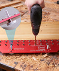 Person using 11 Hole Shelf Pin Jig With Self Clamping Hinge Drill Guide Pro Grade For Cabinets Drills 11 Holes At Once
