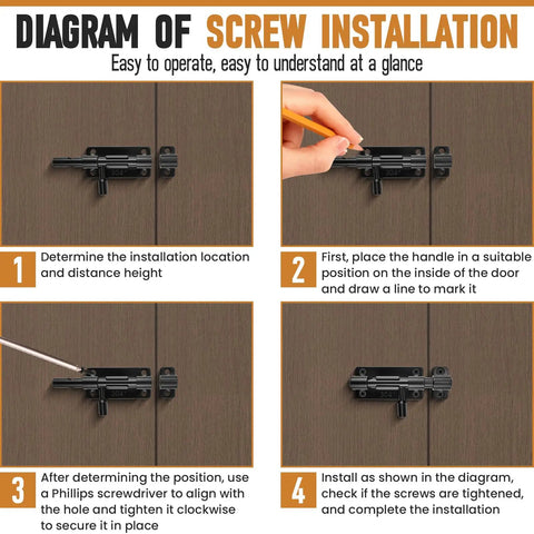 Diagram of screw installation for Heavy Duty 2 Piece Black 4 Inch Slide Bolt Gate Latch Kit With Smooth Operation