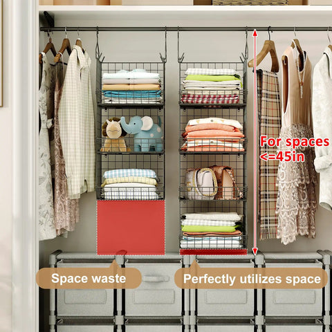 4 Tier Closet Hanging Organizer With 5 S Hooks Freestanding Wire Bins And Shelves Great For Clothes Shoes Handbags Clutches And Accessories A Real Game Changer For Your Closet Easy Wall Mount Or Flat Surface Setup organizing clothes in a closet