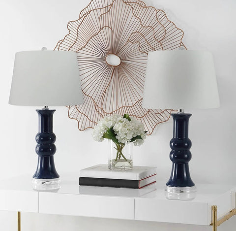 Shallow Oval Hardback Lamp Shade Linen White 14 x 8.5 Top, 16 x 10.5 Bottom, 9 Inch Height with V Notch Fitter, displayed on dark lamp bases