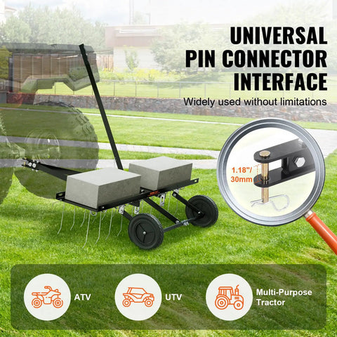 Tow Behind Dethatcher 40 Inch With 20 Spring Steel Tines for ATV or Mower featuring universal pin connector and weight blocks
