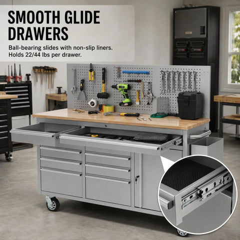 Heavy Duty Rolling Tool Chest With Ball Bearing Slides And Rock Solid Steel Workbench Storage Rack showing smooth glide drawers, tools, and wood surface.