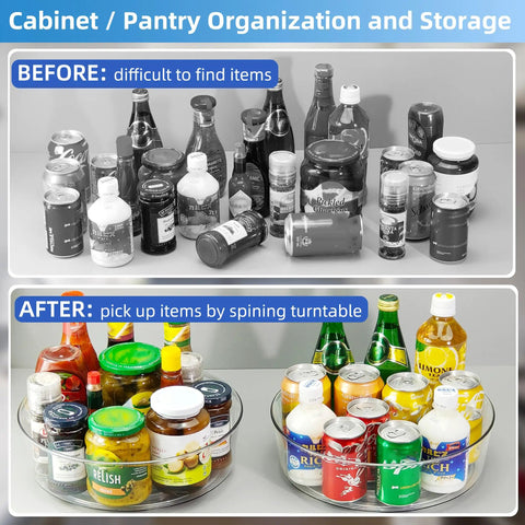 Before and after using 4 Pack Lazy Susan Turntable Organizer Rotating Spice Rack And Cabinet Storage for Pantry.