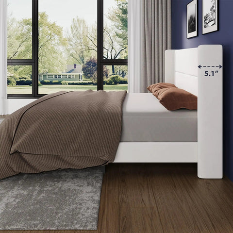 Game-Changing Queen Bed Frame With Dope White Velvet Wingback Headboard And Upholstered Platform Design featuring a side view showcasing the elegant structure.