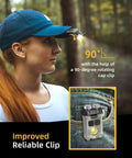 Woman wearing cap with 1200 Lumen Mini USB C Rechargeable Flashlight With Clip For Pocket EDC Go-To Bright LED Torch attached.