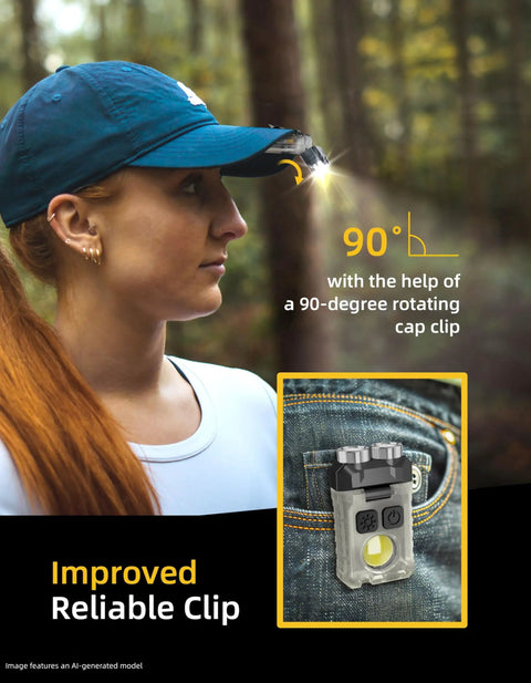 Woman wearing cap with 1200 Lumen Mini USB C Rechargeable Flashlight With Clip For Pocket EDC Go-To Bright LED Torch attached.
