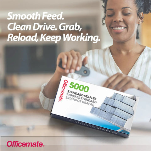 Person loading Officemate staple box, part of General Purpose Staples Bulk Pack With 50,000 Staples 10 Boxes Of 5,000 Each Universal Fit.