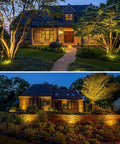 10W Low Voltage Outdoor Landscape Lights With Connectors illuminating garden path and trees in front of two houses at dusk.