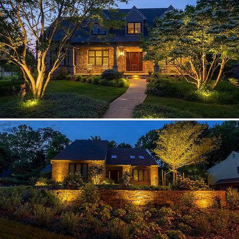 10W Low Voltage Outdoor Landscape Lights With Connectors illuminating garden path and trees in front of two houses at dusk.