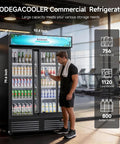 Heavy Duty Workhorse Commercial Merchandiser Refrigerator With Smooth Automatic Sliding Rebound Doors And Reinforced Glass Panels For High Traffic Stores Keep Merchandise Frosty All Day Long, shown in gym with capacity details.