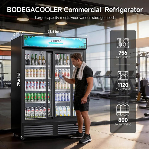 Heavy Duty Workhorse Commercial Merchandiser Refrigerator With Smooth Automatic Sliding Rebound Doors And Reinforced Glass Panels For High Traffic Stores Keep Merchandise Frosty All Day Long, shown in gym with capacity details.
