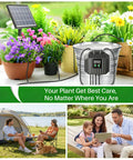 Solar Powered Drip Irrigation System With Digital Programmable Watering Kit for 15 Potted Plants, shown with solar panel and display