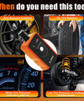 Solid El50448 TPMS Relearn Tool For GM Trucks And Cars That Quickly Trains Tire Pressure Sensors And Clears Dash Warning Lights image showing tool use during tire rotation and sensor installation.