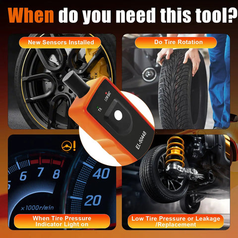 Solid El50448 TPMS Relearn Tool For GM Trucks And Cars That Quickly Trains Tire Pressure Sensors And Clears Dash Warning Lights image showing tool use during tire rotation and sensor installation.