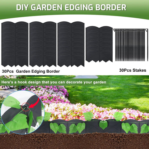 Illustration of No Dig 20ft Landscape Edging Kit With 6 Inch Tall Border, 20 Stakes Included in garden setting.