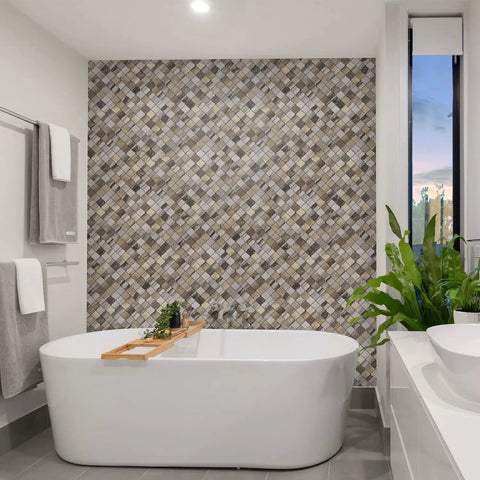 Arabesque Peel And Stick Backsplash Tile For Kitchen And Bathroom Carrara White Marble Look PVC Aluminum Mosaic Sheets behind bathtub