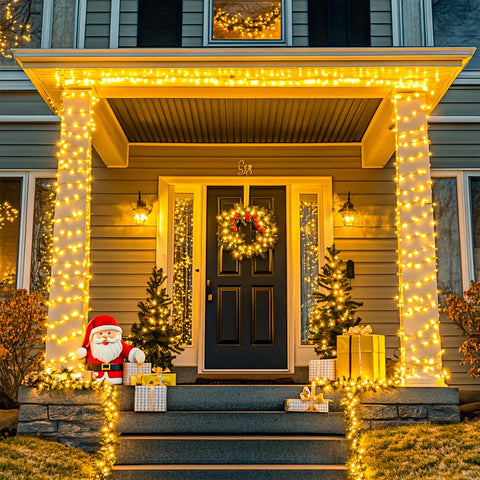 House entrance decorated with 1000 LED Warm White Christmas String Lights With Remote, Epic 272 Feet Total Length, 8 Modes.