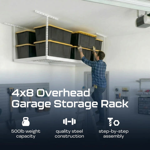 Kick Floor Space Back With This Tough As Nails 4X8 Ceiling Mounted Garage Storage Rack. Heavy Duty 500 Lb Capacity, Adjustable 24 To 45 Inch Drop Down Height, White Steel Build, Keeps Gear Stacked Safe Up Top