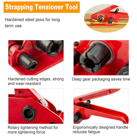 Heavy Duty Poly Strap Tensioner And Cutter Manual Banding Tool Fits Half To Three Quarter Inch Polyester Strap showing hardened steel jaws and ergonomic handle.