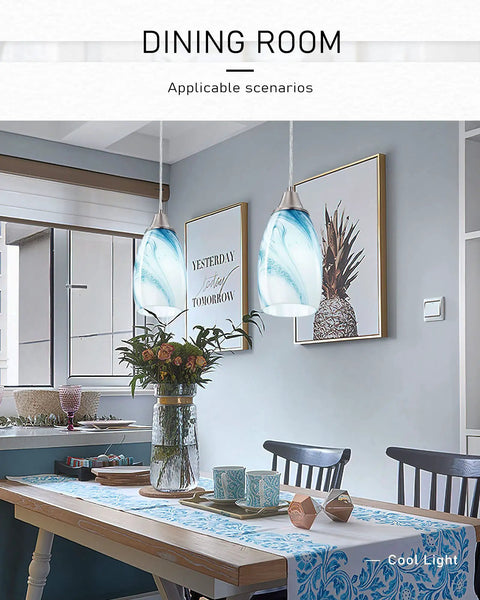 Handcrafted Glass Pendant Light Fixtures With Oval Art Shade And Adjustable Cord Hanging Light For Dining Room Kitchen Hallway And Foyer Blue Marble Color Brushed Nickel Accents Three Pack