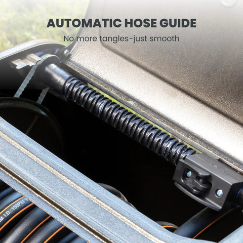 Heavy Duty Metal Hose Reel Box With Crank Handle For Easy Winding, close-up of automatic hose guide and storage compartment