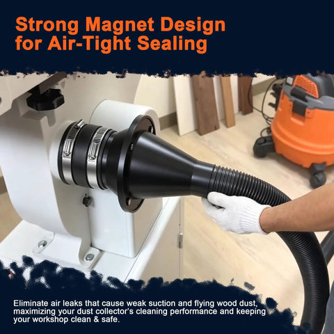 2.5 Inch Magnetic Dust Collection Fittings Kit Includes Quick Connect Connector installed on a woodworking machine, showing air-tight sealing.