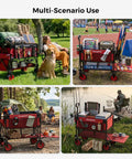 Double Deck Folding Wagon Cart With Beefy All Terrain Wheels And Drop Down Tailgate Heavy Duty 500 Lbs Capacity Utility Wagon For Camping Garden Sports And Outdoor Gear 400L Large Capacity Collapsible For Easy Transport shown in various outdoor settings, loaded with camping gear, picnic items, and sports equipment.