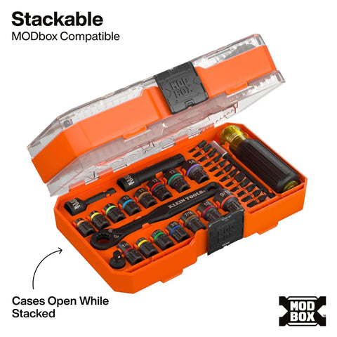 Open MODbox with assorted sockets and tools from the Pass-Through Impact Socket Set 33-Piece SAE And Metric.
