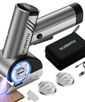 Get Electric Box Cutter At 320Rpm Speed with three SK5 blades, LED light, USB cable, and storage bag for cardboard and carpet.