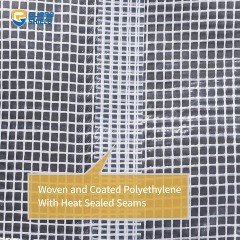 Close-up of Clear White Heavy Duty Tarp 20x20 Waterproof Garden Cover showing polyethylene weave and heat-sealed seams.
