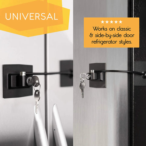 Heavy Duty Refrigerator Lock With Keyed Mechanism shown on side-by-side fridge, high security steel cable, black finish