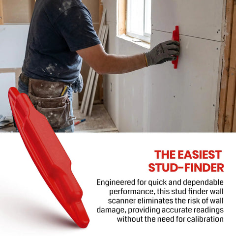 (4-Pack) Calvana Magnetic Stud Finder Wall Scanner in use by a worker detecting studs on drywall, wall-friendly construction, red.
