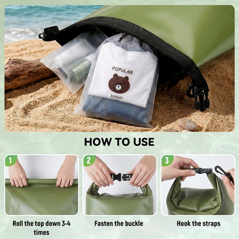 Rock Solid Waterproof Dry Bag Floating Backpack For Kayaking And Outdoor Adventures 10L with clothes on beach