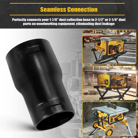 Dust Collection Hose Adapter Two And A Half Inch To One And Seven Eighth Inch Fitting For Woodworking Tools Fits Table Saw Bandsaw Spindle Sander Miter Saw And Shop Vacuum DIY Friendly Built With Heavy Duty Polymer For Leak Free Airflow shown with woodworking tools in use.
